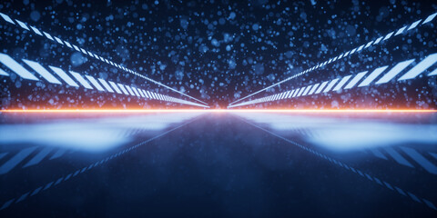 Racing track with glowing particles background, 3d rendering.