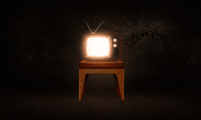 Old-fashioned TV on Dark Concrete Background. Glowing Retro Vintage Television Screen On Wood Table...