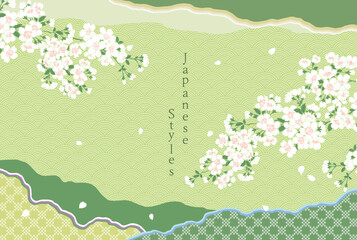 Japanese-style background　伝統柄　古典柄　桜　新緑　和柄のデザイン　さわやかな春の背景　和風デザイン素材　淡いピンクの花　ベクター