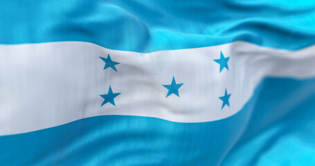 Close-up view of the Honduras national flag waving in the wind