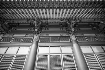 Obraz premium Black and White Vintage Wood Building Wall.