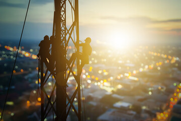 Silhouette workers construction the extension of high-voltage towers on blurred light city background in industry big.