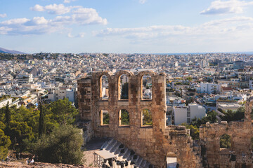 Fototapeta premium Athens, Attica, beautiful super-wide angle view of Athens city, Greece, Mount Lycabettus, mountains and scenery beyond the city, seen from The Parthenon, temple on the Athenian Acropolis