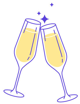 two white wine glasses toast with spark - champagne icon illustration on transparent background - cheers bubbly alcoholic festive drink clipart png - romantic love celebration special event