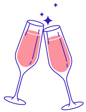 two pink rose wine glasses toast with spark - red rose wine glass icon illustration on transparent background - png cheers alcoholic festive bubbly drink clipart - romantic valentine's day 