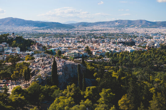 Athens, Attica, beautiful super-wide angle view of Athens city, Greece, Mount Lycabettus, mountains and scenery beyond the city, seen from The Parthenon, temple on the Athenian Acropolis