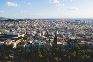 Athens, Attica, beautiful super-wide angle view of Athens city, Greece, Mount Lycabettus, mountains and scenery beyond the city, seen from The Parthenon, temple on the Athenian Acropolis