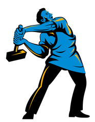 illustration of a worker at work with sledgehammer done in retro style