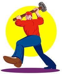 illustration of a worker at work with sledgehammer done in retro style