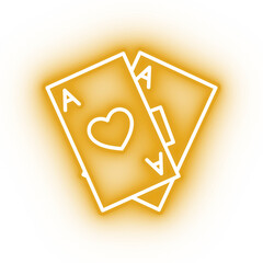 Neon yellow playing cards icon, glowing black jack pair on transparent background