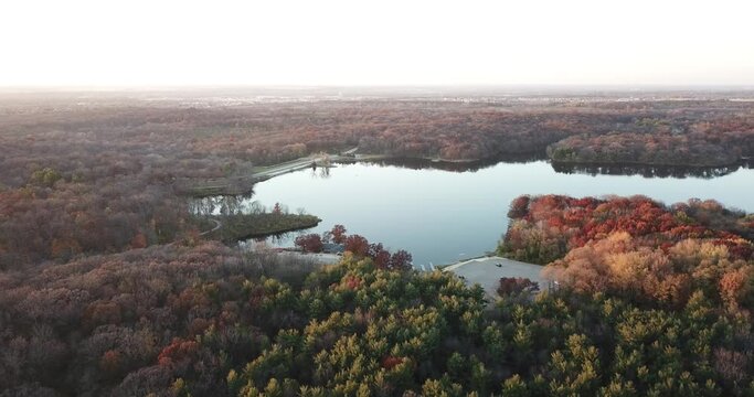 Aerial drone photo of Rock Cut State Park in northern Illinois in the fall season.