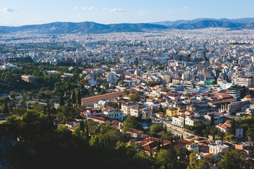 Athens, Attica, beautiful super-wide angle view of Athens city, Greece, Mount Lycabettus, mountains...