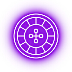 Fototapeta premium Neon purple roulette icon, glowing casino roulette on transparent background