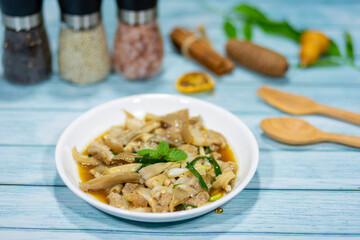 Dinner is pork belly stir-fried with mushrooms and chinese style soy sauce.