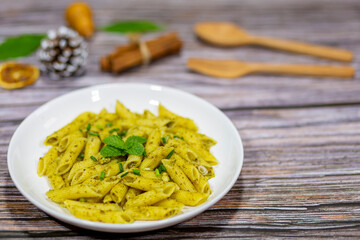 Today's recommended menu is Penne Pasta with Pesto Sauce. Healthy food.