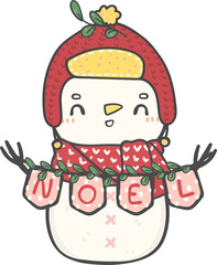 cute Christmas winter Snowman with scarf and hat cartoon doodle hand drawing