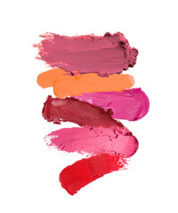 Different lipstick smears on white background. Cosmetic product