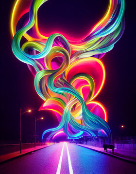 Magical illustration of abstract forn in the sky, neon lights, abstract colorful background with stars, galaxy background with lights, futuristic, cyberpunk, artistic lines