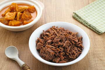 Gudeg, a typical food from Yogyakarta, Indonesia, made from young jackfruit cooked with coconut milk.