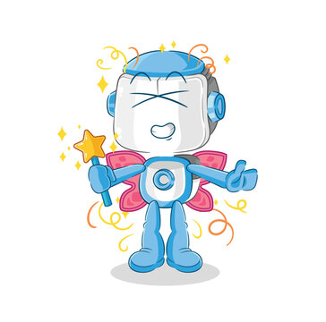 humanoid robot fairy with wings and stick. cartoon mascot vector