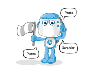 humanoid robot hold surrender flag mascot. cartoon vector