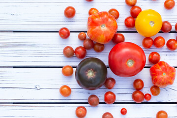 Fototapeta na wymiar Variety of colourful organic tomatoes on the white wooden table.