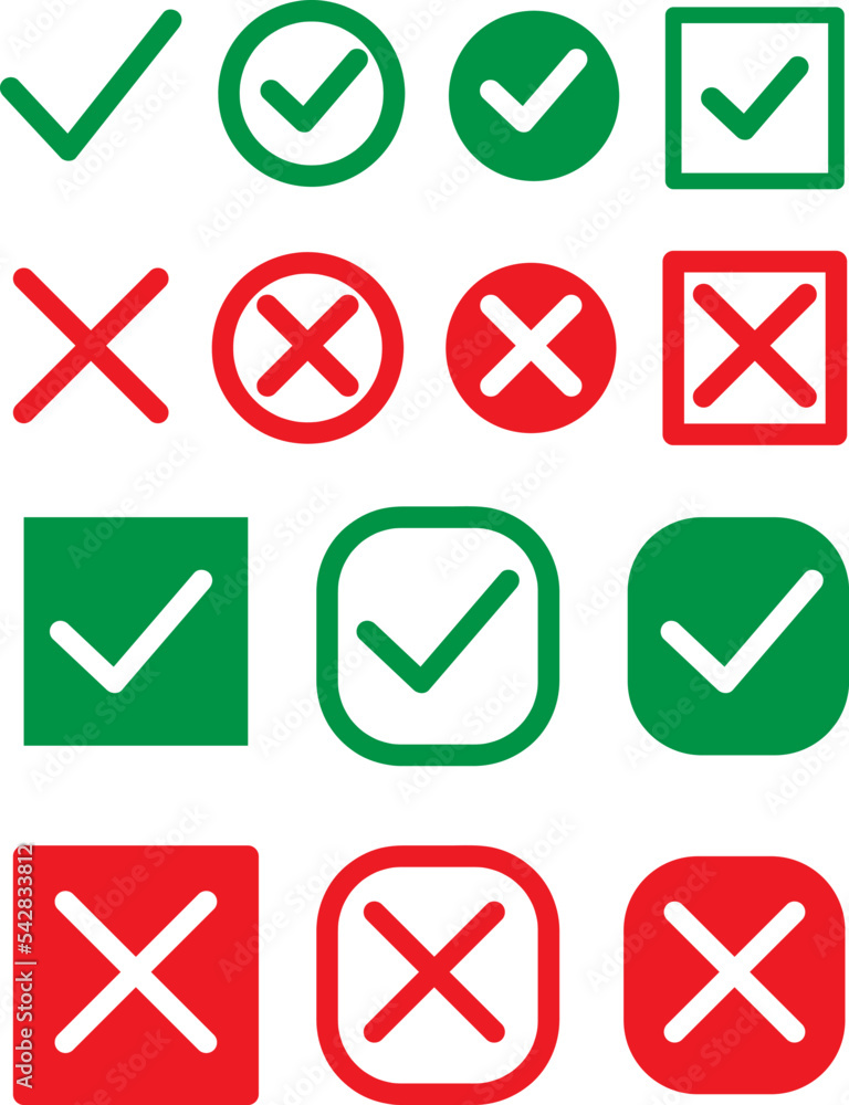 Poster set green approval check mark and red cross icons in circle and square, checklist signs, flat checkm