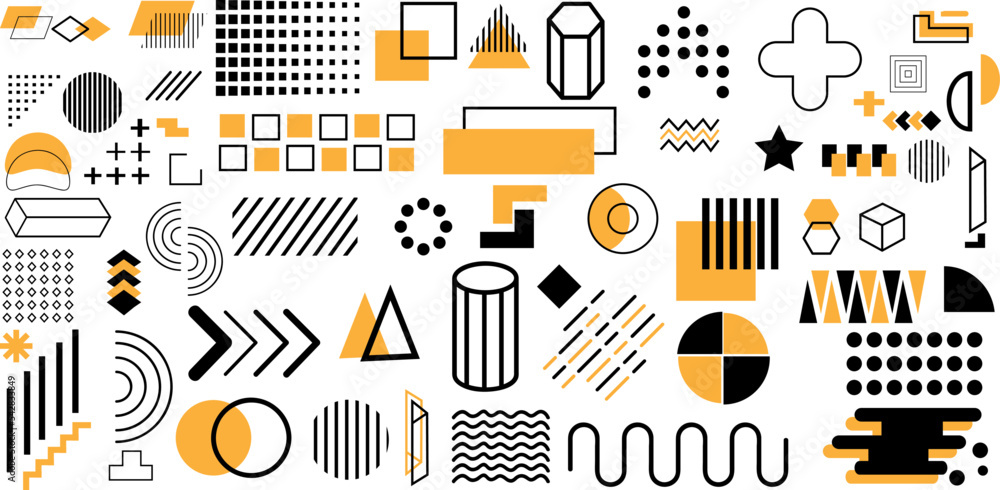 Poster set of geometric shapes. memphis design retro elements. collection trendy halftone geometric shapes 