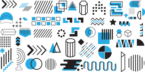 Set of geometric shapes. Memphis design retro elements. Collection trendy halftone geometric shapes. blue and balck color..eps
