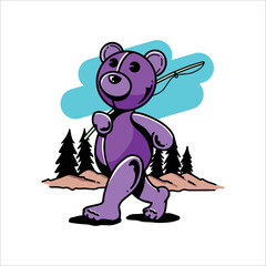 Illustration of a teddy bear character going fishing