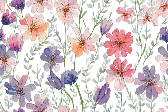 Delicate romantic seamless watercolor floral pattern with hand drawn field wild flowers on white background. Stock illustration.