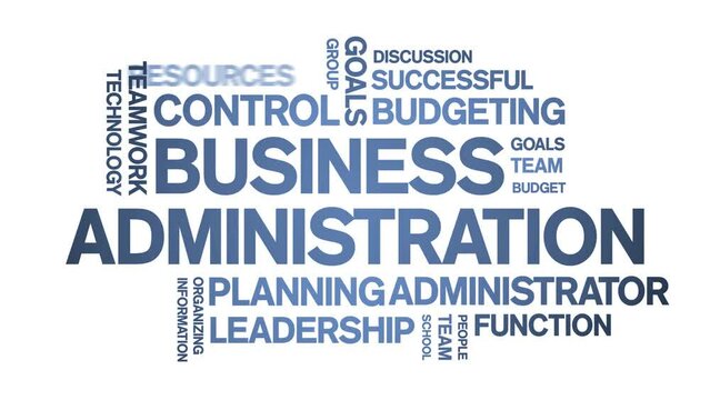 Business Administration animated tag word cloud;text design animation kinetic typography seamless loop.