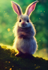 Fototapeta premium little cute forest bunny character. Little rabbit in the forest. Bunny in the sunset. Cute little bunny in grass with ears up looking away