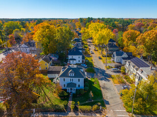 Historic residential house aerial view in fall on Highland Street at Church Street in West Concord,...