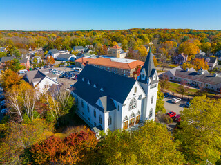 New Church of Concord aerial view in fall at 53 Church Street in West Concord, town of Concord, Massachusetts MA, USA. 