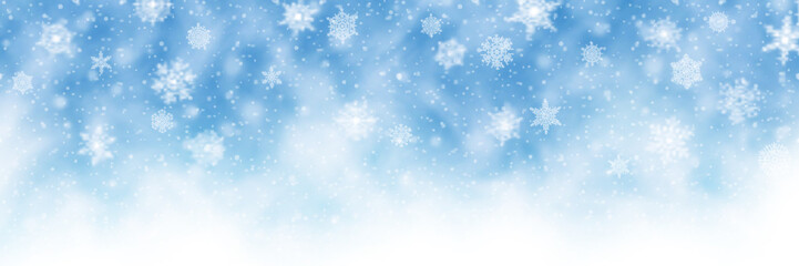 Naklejka na ściany i meble Winter sky, blizzard and snowfall, snowflakes, panoramic view