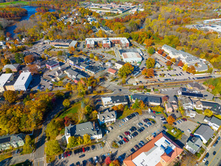 West Concord village center aerial view on Commonwealth Avenue and Railroad in fall in town of...