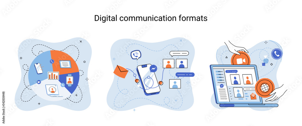 Poster digital communications formats. chat messages smartphone, sms on mobile phone screen, computer appli