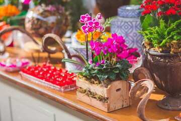decoration with flower arrangement and sweets