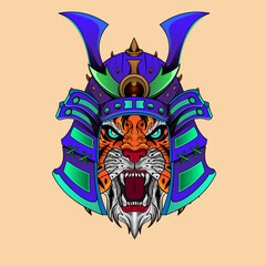 Japanase samurai tiger knight head artwork illustration and t shirt design samurai tiger helmet inspired by japanese drawing style