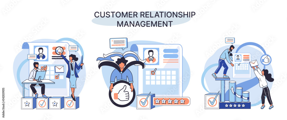 Poster crm metaphor. customer relationship management. application software for organizations automatisatio