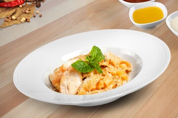 Tasty fresh noodle dish with sauce