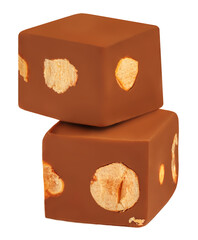 Dark chocolate candy cube with nuts isolated on white background.