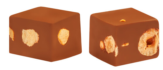 Dark chocolate candy cube with nuts isolated on white background.