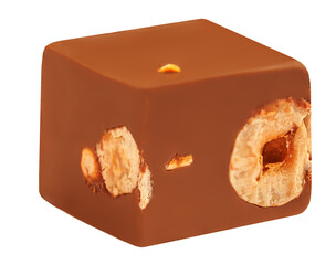 Dark chocolate candy cube with nuts isolated on white background.