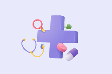 3d pharmacy drug for health pharmaceutical on purple background. Cartoon minimal of first aid and health care. Medical symbol of emergency help. 3d aid medicine icon vector render illustration - obrazy, fototapety, plakaty