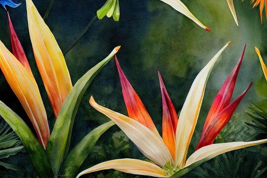 Birds of paradise in the garden. Watercolor painting panorama