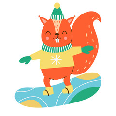 Cute squirrel on a snowboard.
