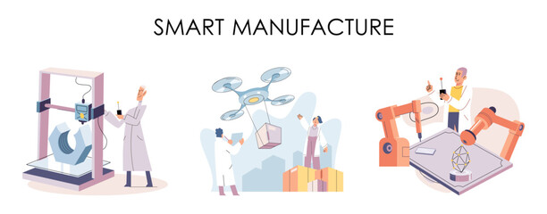 Manufacturing process industry. Scientist robot assembling products. Smart manufacture, automation development metaphor. Smart industry product design, automated production, robots and machinery 4.0