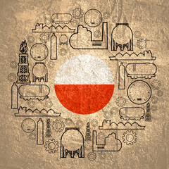 Energy and Power icons set. Design concept of natural gas industry. Circle with industrial line icons. Flag of Poland
